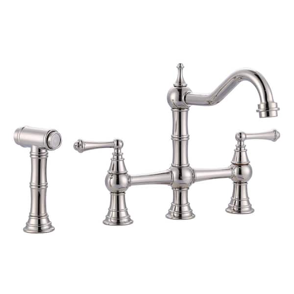 Brass 8 in. Double Handle Bridge Kitchen Faucet with Brass Valve, Side Sprayer and Supply Lines in Polished Nickel