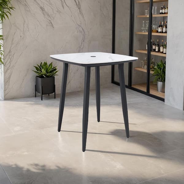 35 in. x 41 in. H Square Outdoor Bar Table with Greek White Marble-Inspired Sintered StoneTop and 2 in. Umbrella Hole