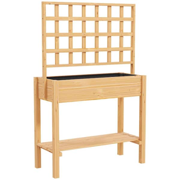 Outsunny 31.9 in L x 11.8 in. W x 7.5 in. H Wooden Raised Planter Box with Trellis, Raised Flower Bed with Storage Shelf
