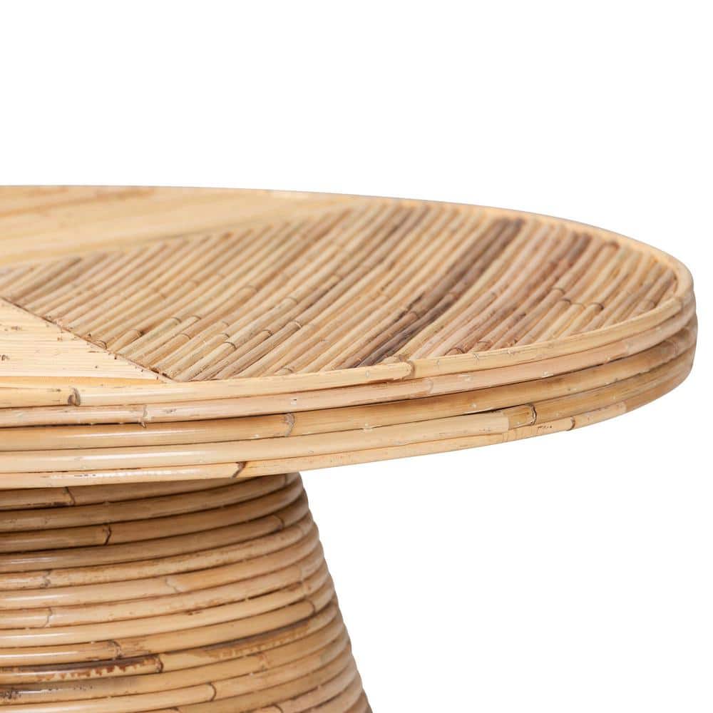 Bella 28 in. Natural Round Rattan and Mahogany Wood Coffee Table