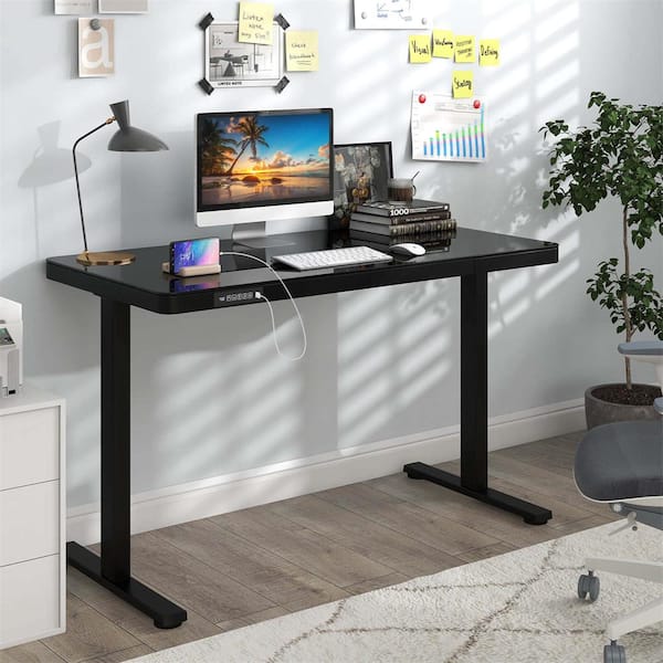 48 in. Rectangular Black Metal Standing Desk with Writable Tempered Glass Top