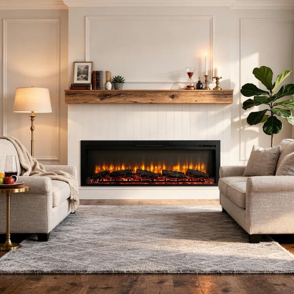 54 inch Recessed Electric Fireplace with Remote, 1400W, 5000 BTU, 3 Flame Levels,EmberBed, Touch Panel