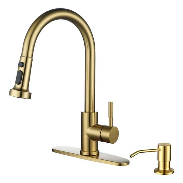 ALEASHA Single-Handle Pull Down Sprayer Kitchen Faucet with Soap Dispenser in Gold