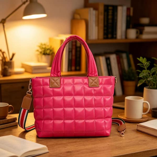 Wudkey Red Puffer Tote Bag for Women with Zipper, Quilted Puffy