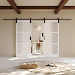 72 in. x 84 in. 3-Lite Tempered Frosted Glass White MDF Finished Double Sliding Barn Door Slab with Hardware