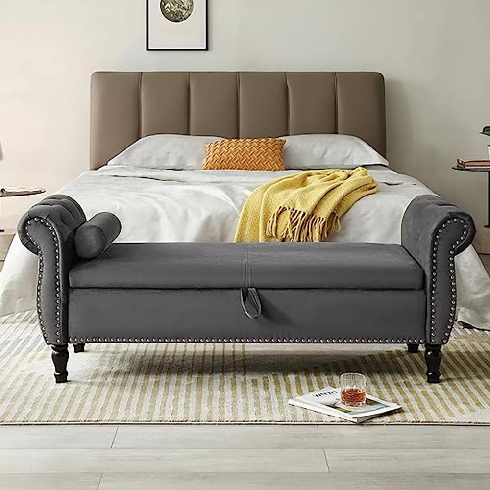 Gray Velvet Upholstered Ottoman 63 in. Bedroom Bench Tufted Storage ...