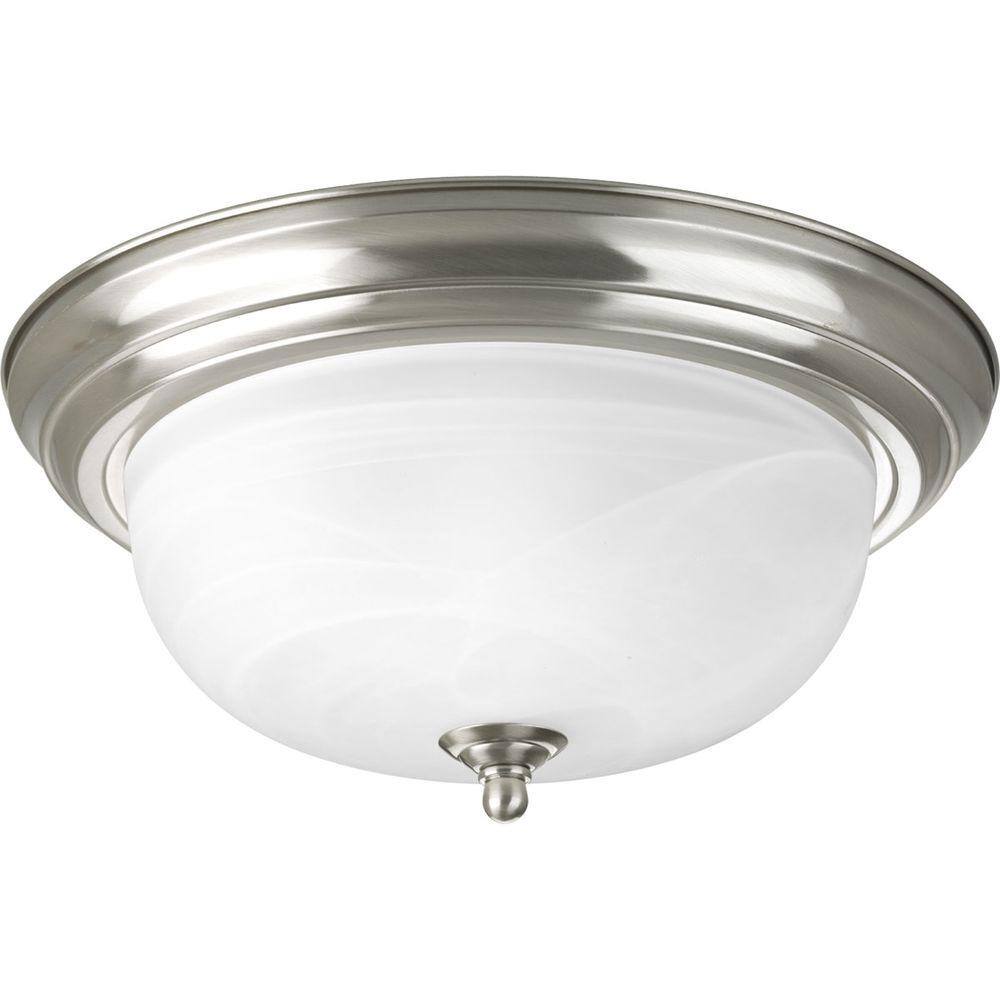13.25 in. 2-Light Brushed Nickel Transitional Flush Mount with Alabaster Gl