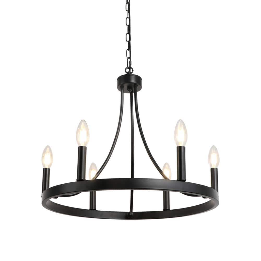 6-Light Black Wagon Wheel Farmhouse Round Chandelier for Dining Room Kitche