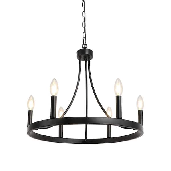 Unbranded 6-Light Black Wagon Wheel Farmhouse Round Chandelier for Dining Room Kitchen Island Living Room