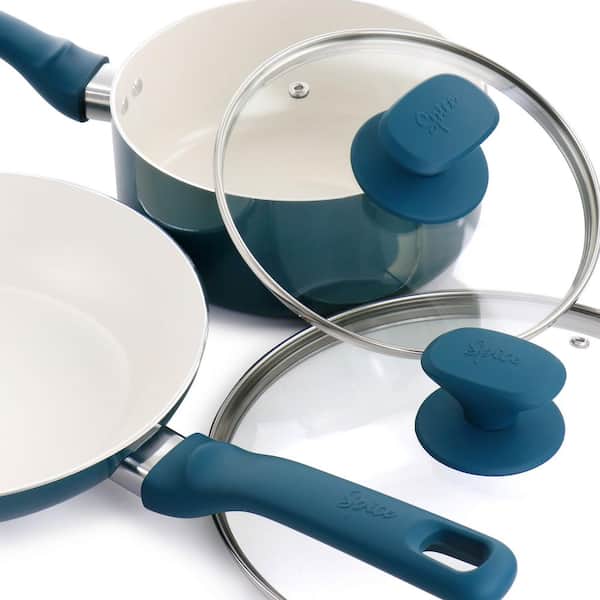 7 Piece Teal Kitchen Cookware Set - Dishwasher Safe Aluminium Pots