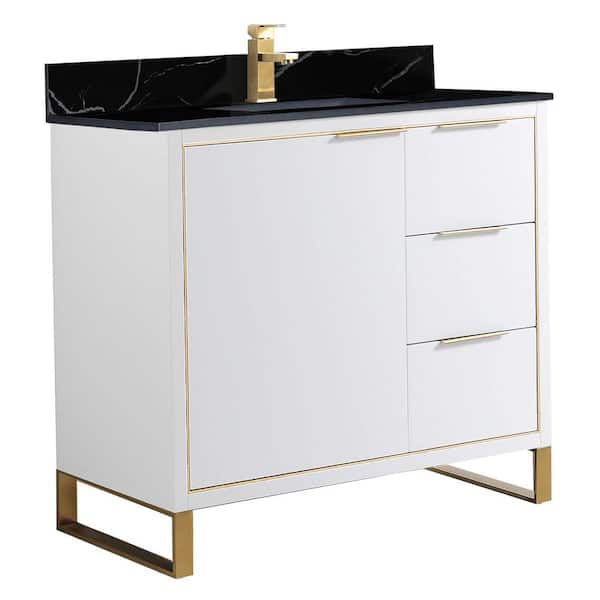 FINE FIXTURES Opulence 36 in. W x 18 in. D x 33.5 in. H Bath Vanity in White Matte with Black Marble Single sink Top