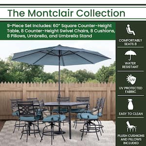 Montclair 9-Piece Steel Outdoor Dining Set with Ocean Blue Cushions, 8 Swivel Chairs, 60 in. Table and Umbrella