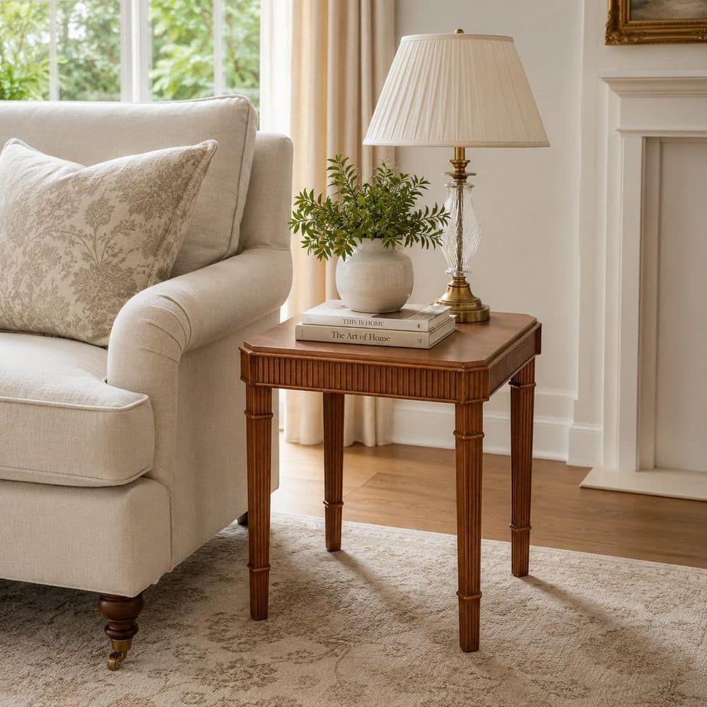 Fluted 22 in. Wood Brown Square End Table, Vintage Accent Sofa Side Nightstand, Wooden Side Table for Living Room