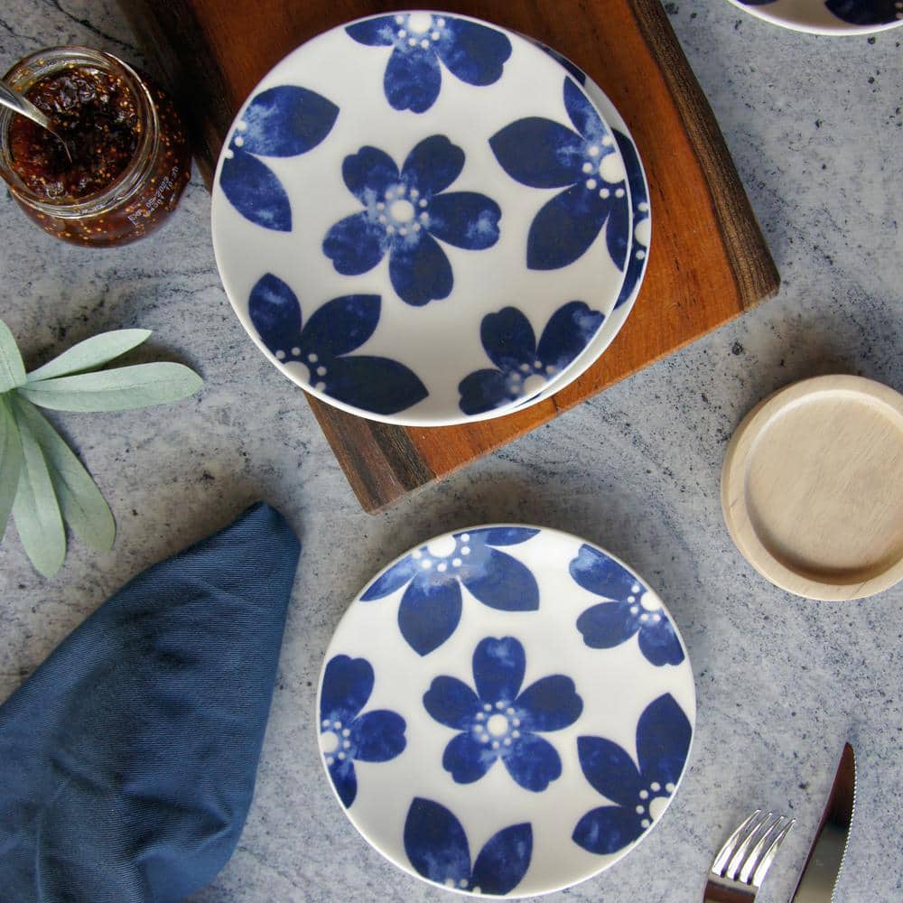 Blue Floral Porcelain Appetizer Plates Set of Four