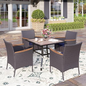 Black 5-Piece Metal Patio Outdoor Dining Set with Wood-Look Square Table and Rattan Chairs with Blue Cushion