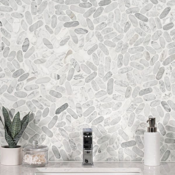 Carrara White Sliced Pebble 12 in. x 12 in. x 0.38 in. Tumbled Marble Mesh-Mounted Mosaic Tile (9.7 sq. ft./Case)