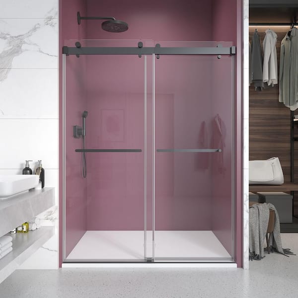 CKB 66 in. W x 76 in. H Double Sliding Frameless Shower Door in Matte Black with Clear Glass