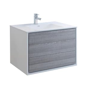 Catania 36 in. Modern Wall Hung Bath Vanity in Glossy Ash Gray with Vanity Top in White with White Basin