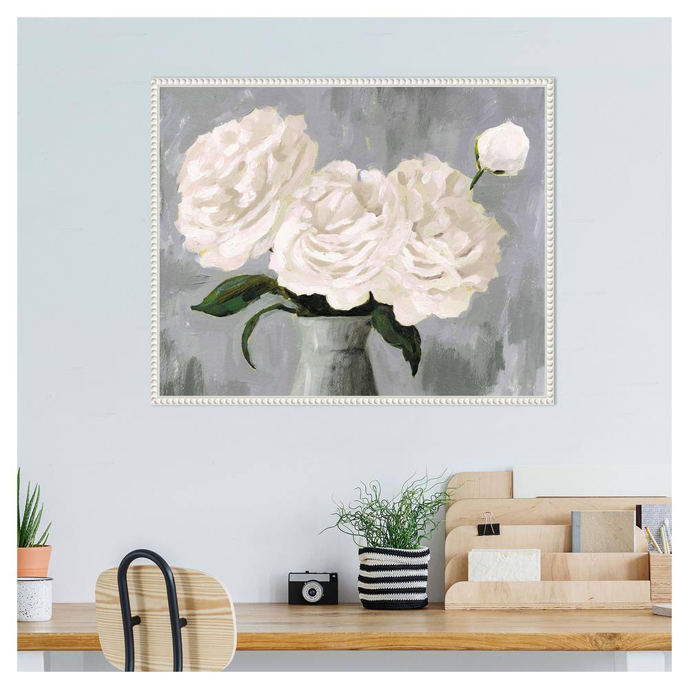 White Peonies in Gray Vase Framed Canvas Wall Art