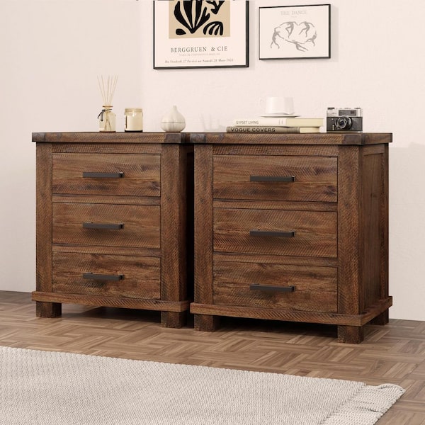 Vigour Farmhouse Brown 24.75 in. H Nightstands with 3 Drawer Set of 2, Natural
