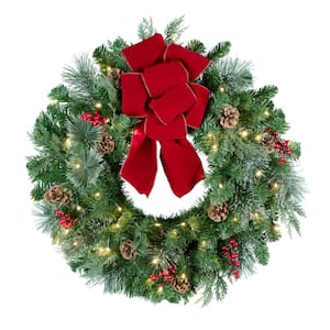 24 in. Pre-Lit LED Artificial Classic Greenery Christmas Artificial Wreath with Red Bow, Pinecones and Berries
