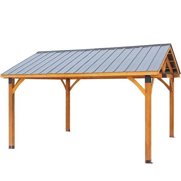 14 ft. x 12 ft. Outdoor Garden Wooden Hardtop Gazebo with Thermal Insulated Roof, Brown