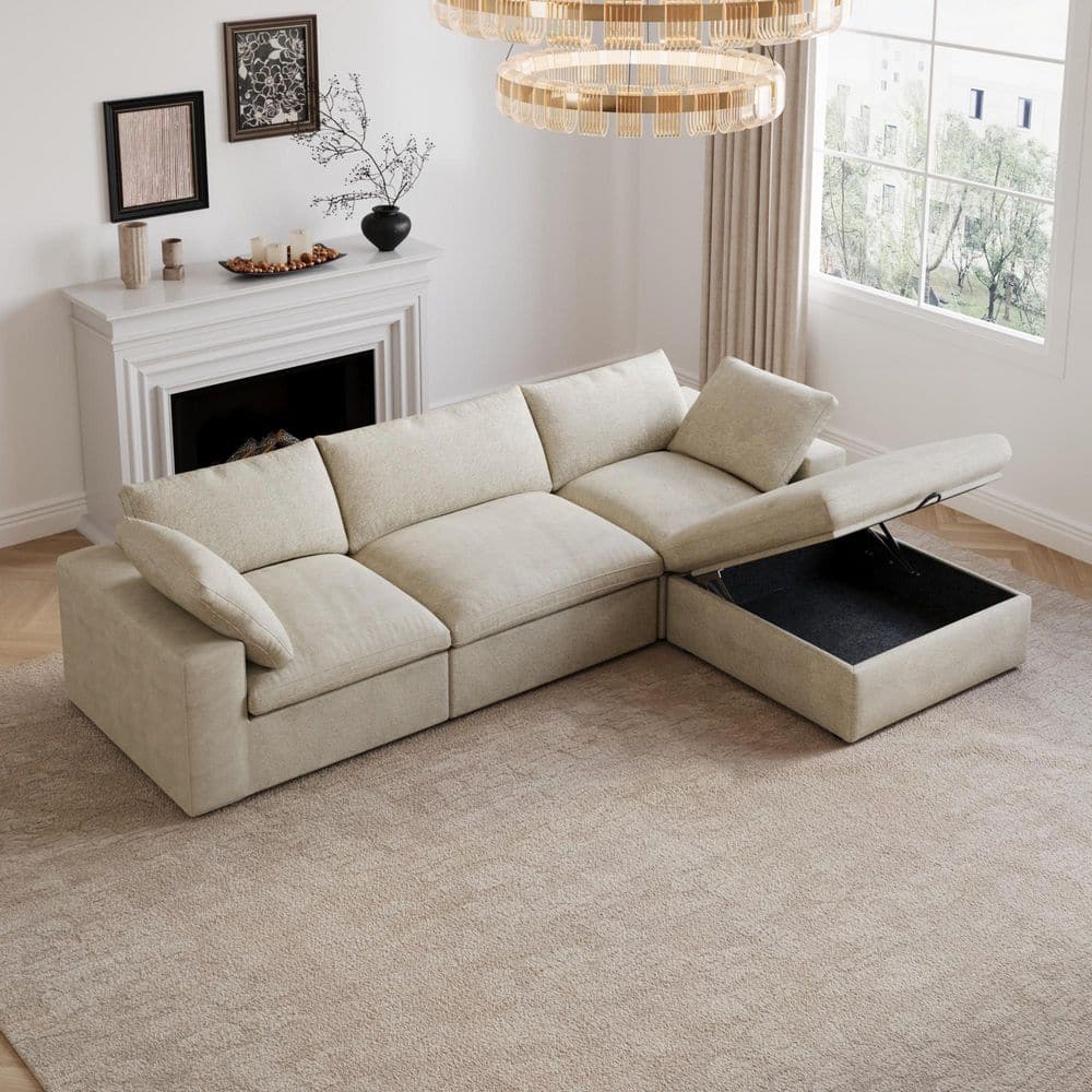 118.02. Square Arm Linen 4-Piece L Shaped Free Combination Modular Sectional Sofa with Ottoman in. Brown