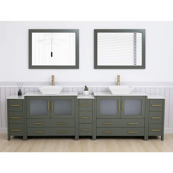 108 in. W Double Basin Vintage Green Bath Vanity with White Engineered Marble Top and Mirror