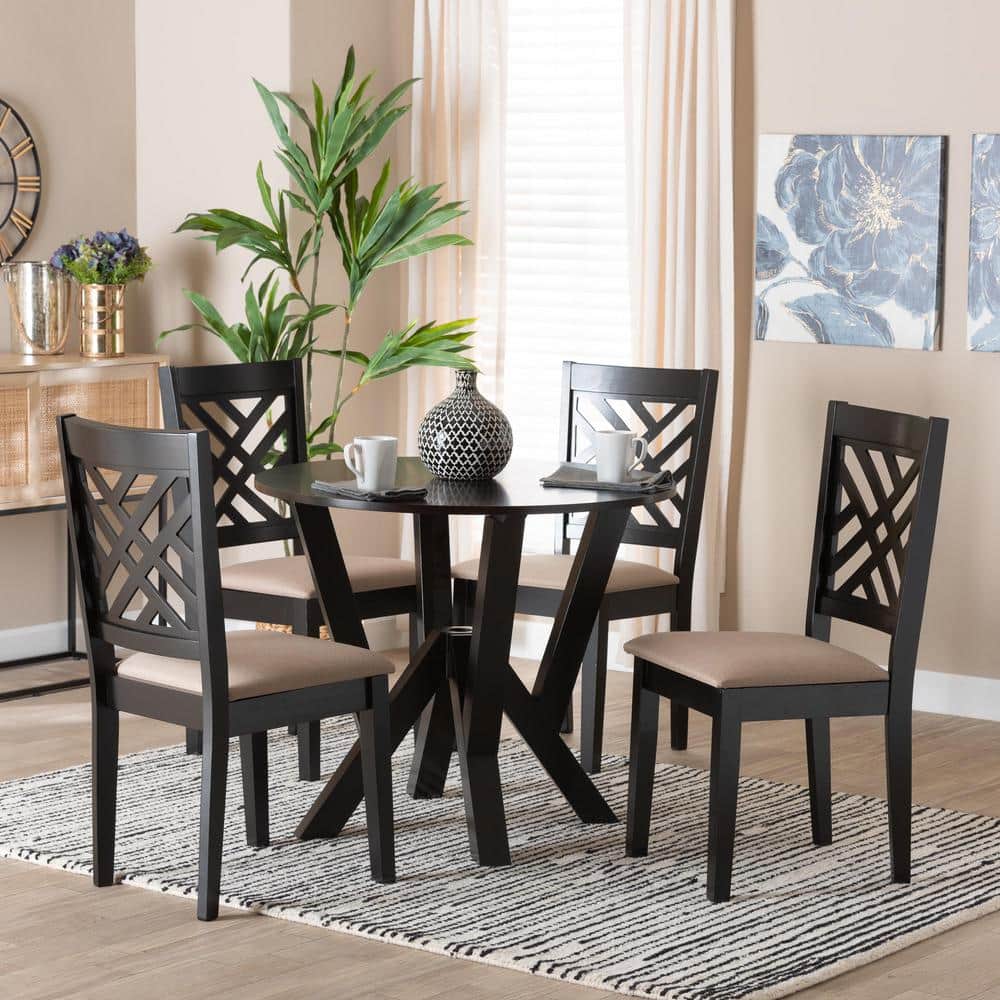 Elise Round Espresso Wood Dining Set with Beige Fabric Seats, 5-Piece