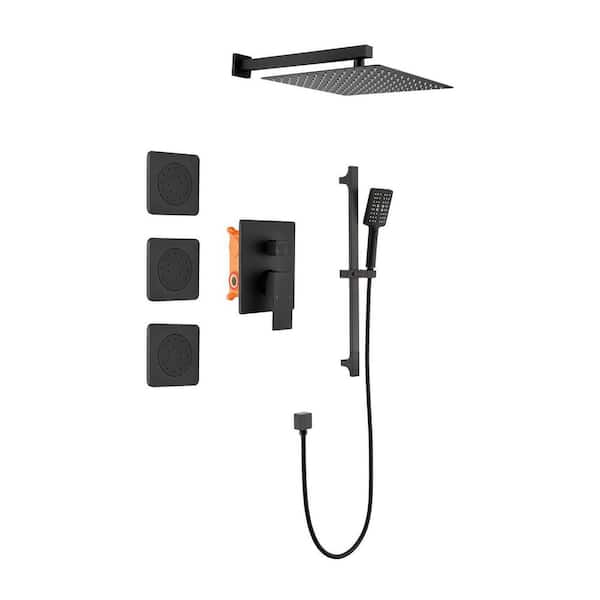 1-spray 11.8 in. Wall-Mounted Dual Fixed and Handheld Shower Head 2.5 GPM with Slide Bar, Body-Sprays in Matte Black