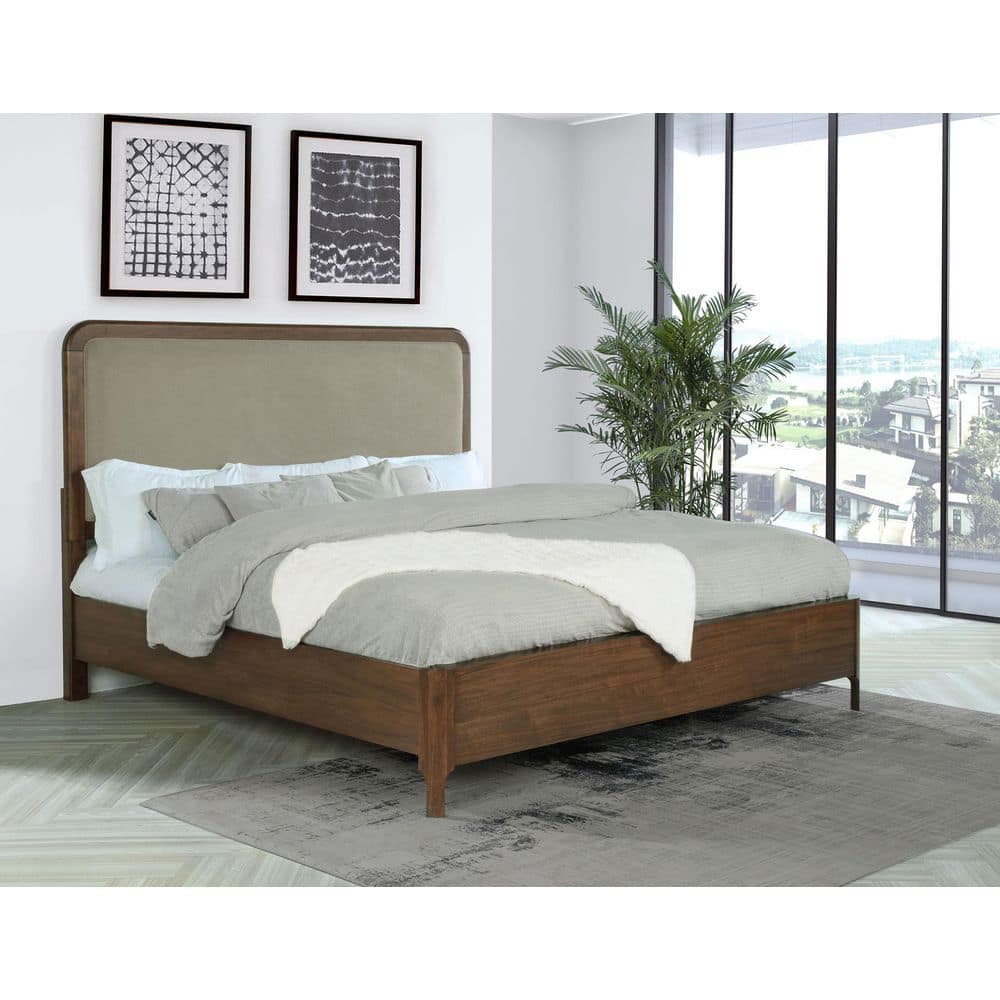 Maderia Brown Walnut and Taupe Wood Frame Queen Panel Bed with Upholstered Headboard