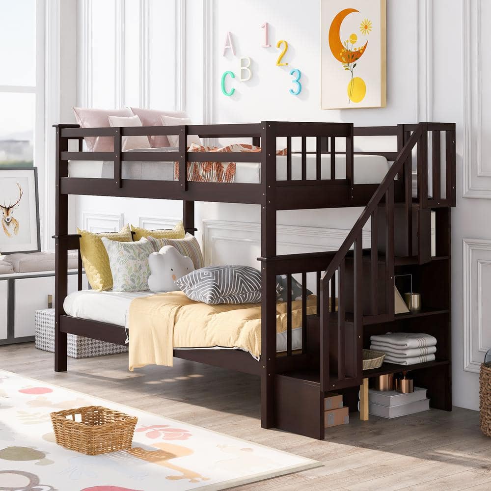 Harper & Bright Designs Espresso Twin Over Twin Wood Bunk Bed with ...