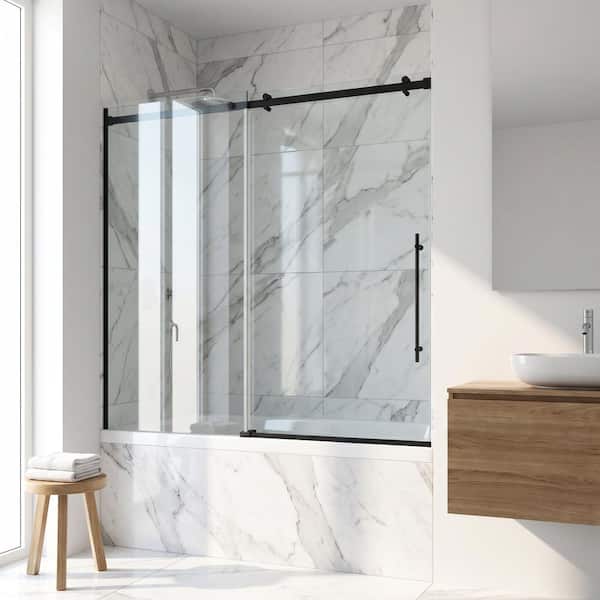Luca 56 to 60 in. W x 58 in. H Sliding Frameless Tub Door in Matte Black with 3/8 in. (10mm) Clear Glass
