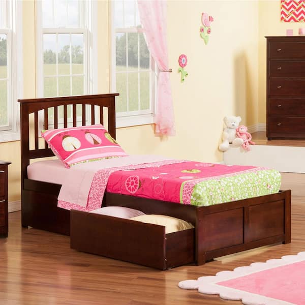 AFI Mission Walnut Twin XL Solid Wood Storage Platform Bed with Flat Panel Foot Board and 2 Bed Drawers