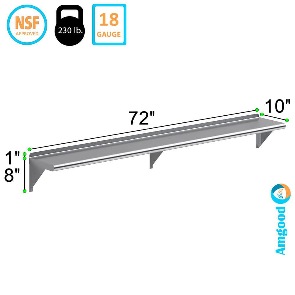 72" Long Stainless Steel Wall Shelf with Brackets