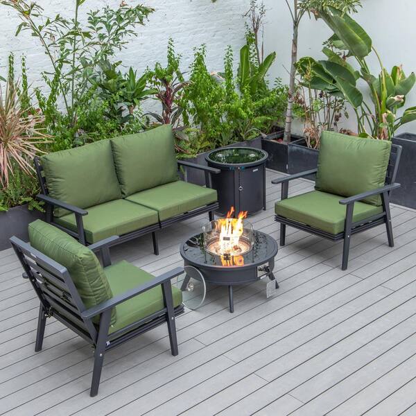 Leisuremod Walbrooke Black 5-Piece Aluminum Round Patio Fire Pit Set with Green Cushions and Tank Holder