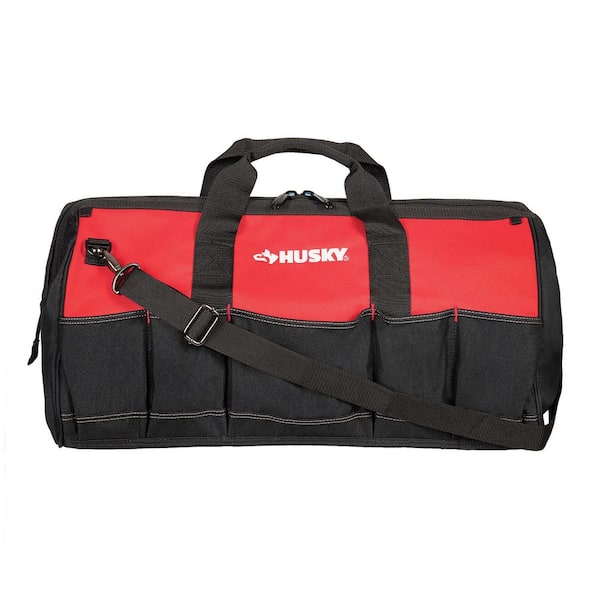 24 in. 16-Pocket Red Tool Bag with Zippered Top and Shoulder Strap
