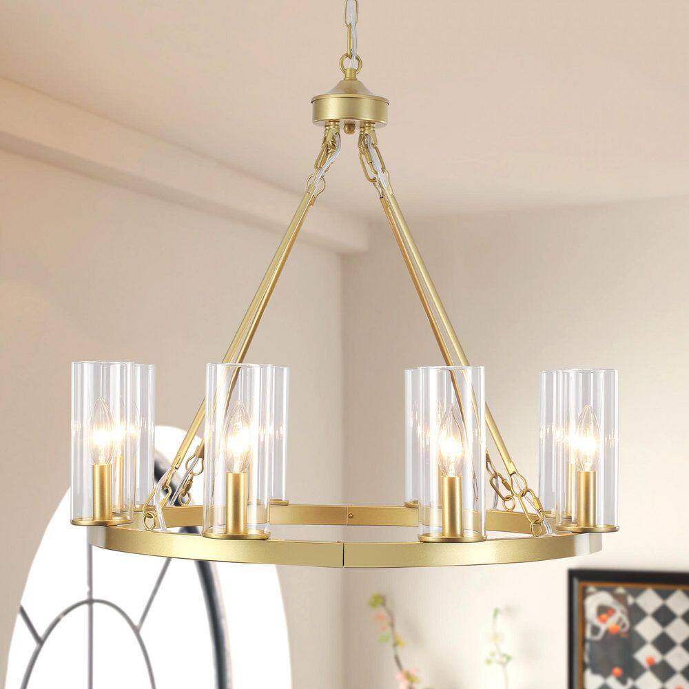 25.98 in. 8-Lights Golden Wagon Wheel Chandelier with Glass Shades for Dining Room Living Room price history on PriceWatchPro