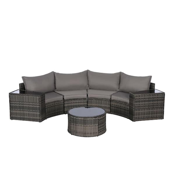 Tenleaf 7-Piece Wicker Patio Conversation Set with Dark Gray Cushions, Tempered Glass Round Coffee Table