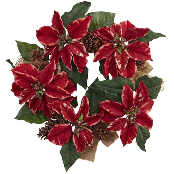 Nearly Natural 22in. Poinsettia, Pine Cone and Burlap Artificial Wreath