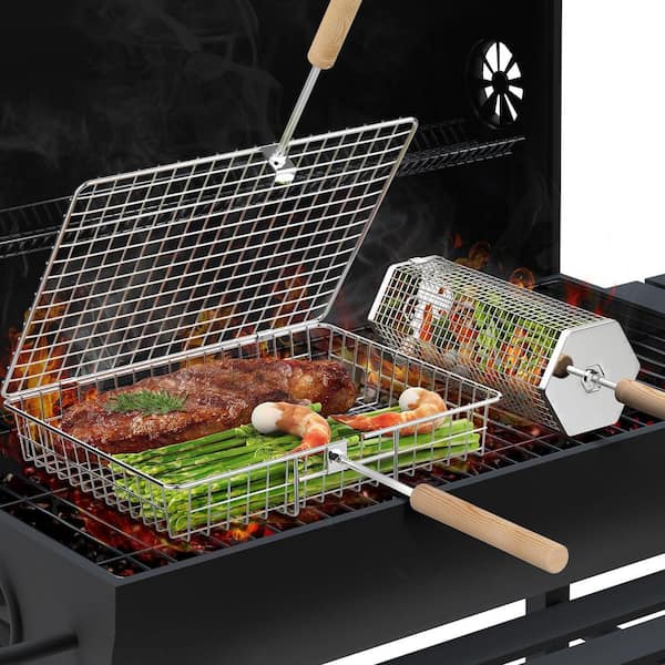 3-Piece Stainless Steel Grill Basket Set, Removable Wooden Handle, Smoker Grilling Accessories for Cooking Camping
