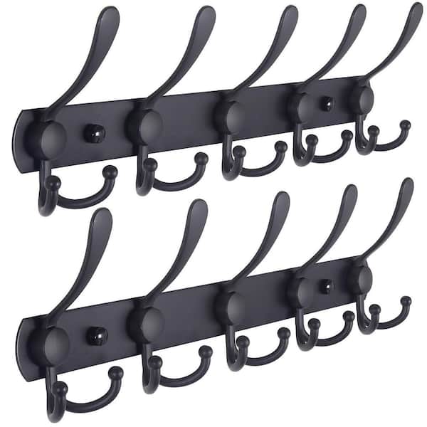 2-Bar Wall Mounted Towel Rack in Black, 5 Tri Hooks, Made of Heavy Duty Stainless Steel, Metal Coat Hook Rail