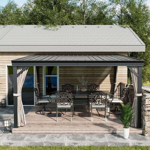 12 ft. x 14 ft. Black Aluminum Frame Wall-Mounted Galvanized Steel Hardtop Lean To Gazebo with Curtains and Netting