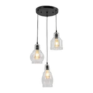 3-Light Black Modern Linear Kitchen Island Pendant Light with Clear Glass Shade and Adjustable Height, No Bulbs Included