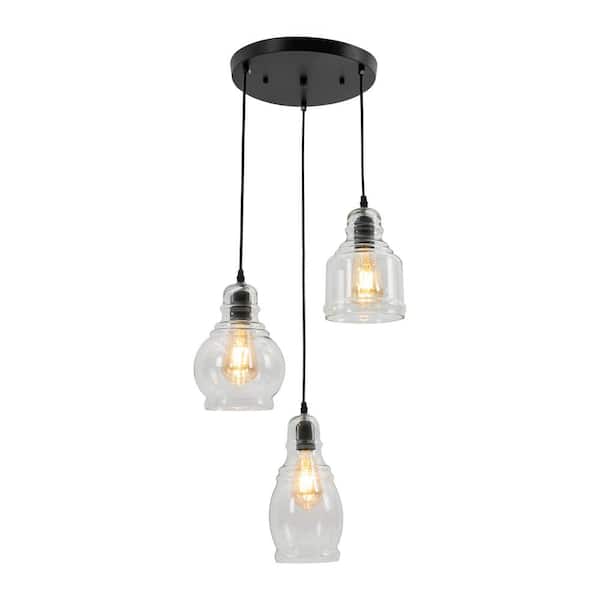 OUKANING 3-Light Black Modern Linear Kitchen Island Pendant Light with Clear Glass Shade and Adjustable Height, No Bulbs Included