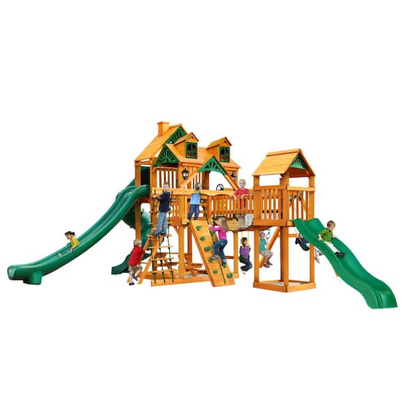 Gorilla Playsets Treasure Trove II Wooden Swing Set with Malibu Wood Roof and 3 Slides