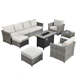 Eufaula Gray 10-Piece Wicker Modern Outdoor Patio Conversation Sofa Set with a Steel Fire Pit and Beige Cushions