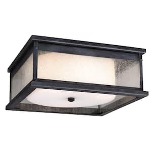 Pediment 13 in. W. 3-Light Dark Weathered Zinc Outdoor 5.875 in. Ceiling Fixture with Clear Seeded Glass