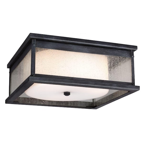 Generation Lighting Pediment 13 in. W. 3-Light Dark Weathered Zinc Outdoor 5.875 in. Ceiling Fixture with Clear Seeded Glass