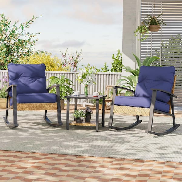 JOYESERY 3 Piece Patio Rocking Bistro Set, Outdoor Porch Furniture Patio Chairs (Set of 2) with Side Table and Navy Blue Cushions